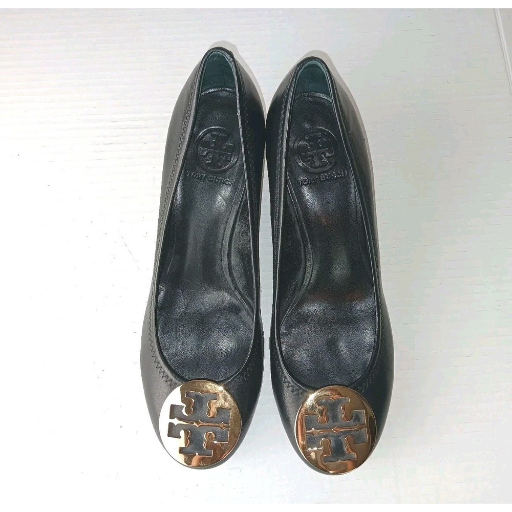 Tory Burch Women's Gold Logo Black Leather Slip-On Wedge Pumps,  Shoes Size 9.5M